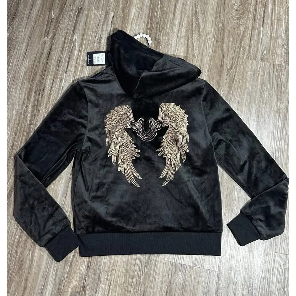 True Religion NWT Hoodie Mens M Black Buddha Full Zip Sweatshirt Jacket Sweater